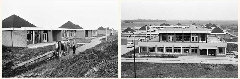Links: 1974, open dag ’t Gruytveld, voltooiing paviljoens. Rechts: 1975, open dag ’t Gruytveld, aaneengeschakelde paviljoens. (Foto's: BN De Stem / Johan van Gurp. Bron: Stadarchief Breda JVG19741017011 en JVG19750507006)
