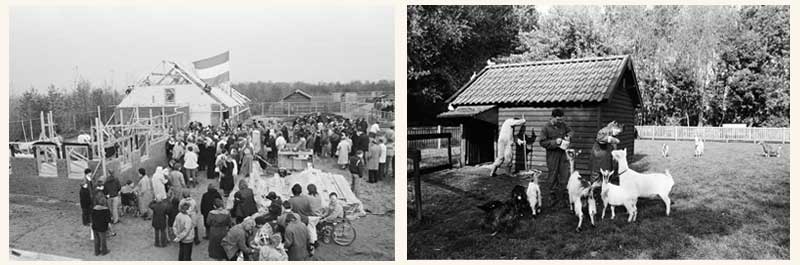 Links: 1984, bouw kinderboerderij. Rechts: 1991, Veluwse geiten op de kinderboerderij (foto's: BN De Stem / Johan van Gurp. Bron: Stadarchief Breda, JVG19841114039 en JVG19911002027)