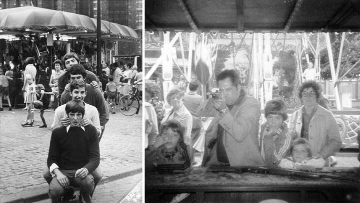 Links: Ad Snoeren, Ton -de Plak - Rasenberg, Ton Damen en Adrie Pals op de kermis, 1969. Rechts: Jan Vermeulen in de schiettent. Zijn gezin kijkt toe. Op de achtergrond de schommels, 1976 (bron: Kermisboek van 'De Vlasselt', blz. 104 en 112)