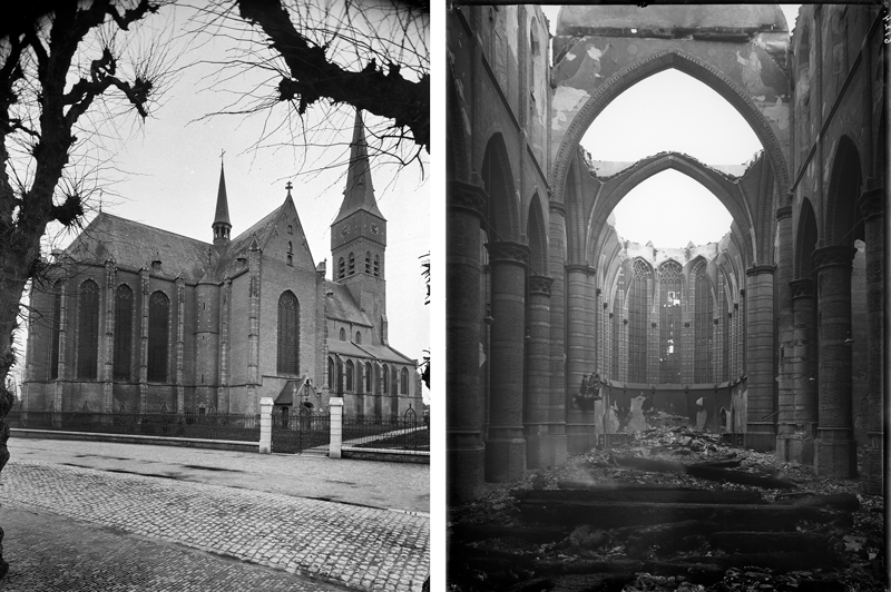 De kerk in 1913 en na de brand in 1922 (bron: coll. Rijksdienst voor het Cultureel Erfgoed nr. 2243 en 6124. Licentie: CC BY-SA 3.0)