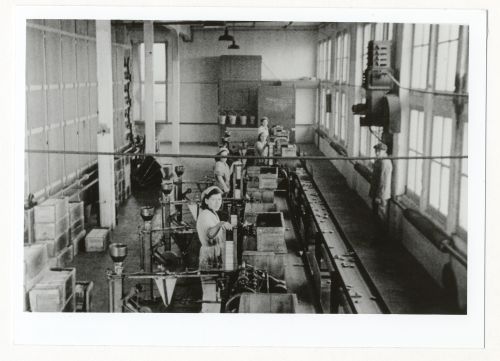 Medewerkers Stoomluciferfabriek De Vlinder van Ch. Loyens bezig met de fabricage van laadjes en doosjes, voor 1915 (bron: Stadsarchief Breda)