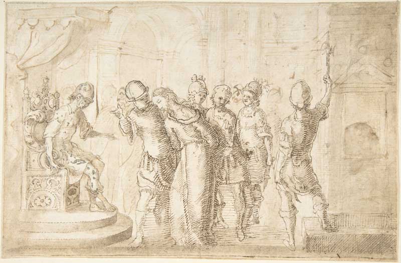 Christus wordt voor Pontius Pilatus gebracht (Anonieme tekening, 17e eeuw. Bron: Metropolitain Museum via Wikimedia Commons. Publiek domein)