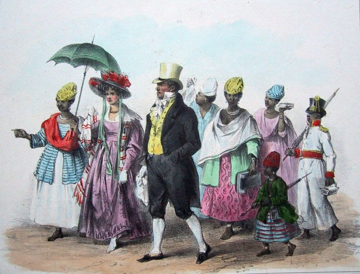 Foto: P.J. Benoit, Voyage a Surinam. 19e-eeuwse plantagehouders en hun slaven in West-Indië.