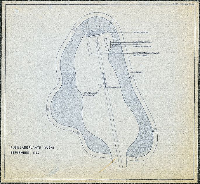 tekening (auteur onbekend) van de Fusilladeplaats Lunet 2 in september 1944 (Bron: BHIC toegang 5129 inv.no. 27-002). De tekening geeft precieze details aan zoals die door Van der Pas in zijn verslag over bevindingen in september 1944 zijn beschreven.